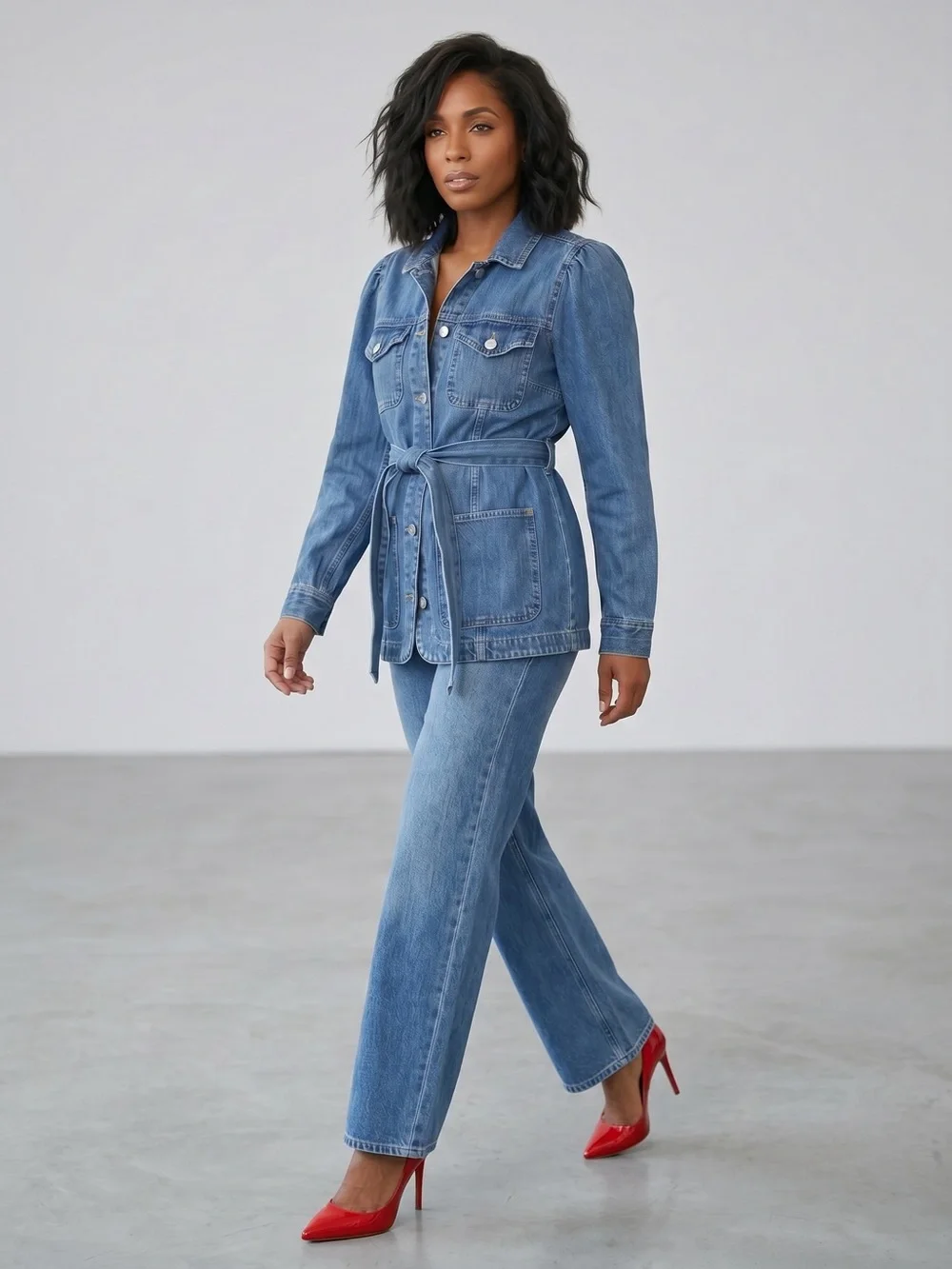 GAP Puff Sleeve Denim Field Surplus Jacket Belted Blue Trench Women's Sz L